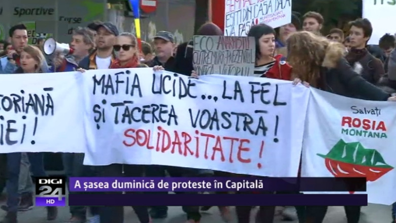 A sasea duminica de manifestatii impotriva exploatarii de la Rosia Montana. In Capitala, marsul a inceput pe strada ce poarta numele localitatii din Apuseni Imagine