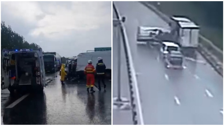 Accident grav pe A1, in Arad. Momentul in care un autotren, un microbuz si autoutilitara de 3,5 tone se ciocnesc Imagine