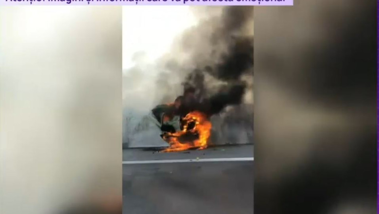 Accident grav pe A1. O masina s-a rasturnat si a luat foc dupa ce s-a izbit de un camion Imagine