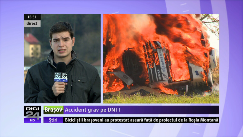 Accident grav pe DN11. Trei tiruri au fost implicate, doua au luat foc si un om a murit Imagine