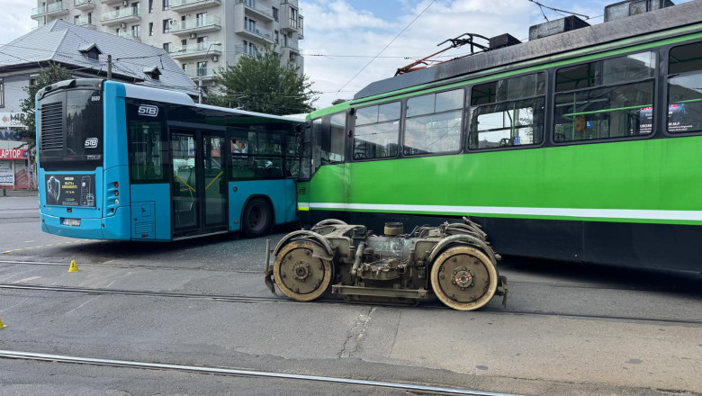 Accident intre un tramvai si un autobuz al STB, in Sectorul 5 din Capitala: momentul in care cele doua vehicule se ciocnesc. 11 raniti Imagine
