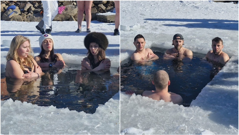 Baie la copca intr-o tabara din Maramures. Experienta traita de mai multi tineri in apa inghetata a lacului Mogosa, la -7 grade Celsius Imagine