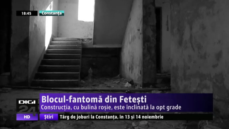 Blocul-fantoma din Fetesti. Constructia, cu bulina rosie, este inclinata la opt grade Imagine