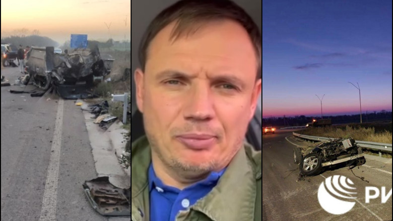 Ce a mai ramas din masina in care a murit liderul prorus din Herson. Caroseria a sarit de pe sasiu in urma presupusului accident Imagine