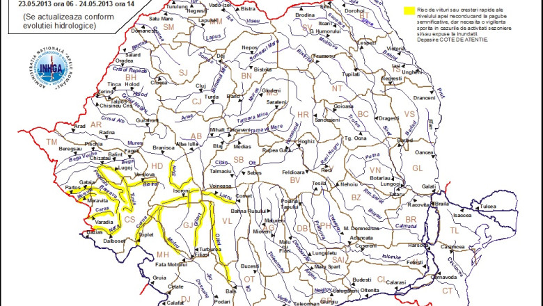 Cod galben de inundatii in 7 judete. Avertizarea este valabila in sud-vestul tarii, pana maine la pranz Imagine