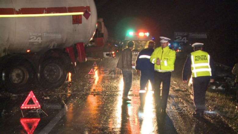 Coliziune, cu raniti, intre un autoturism si o cisterna, in apropierea Timisoarei Imagine