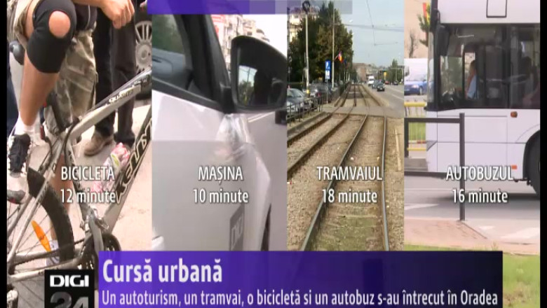 Cursa urbana. Un autoturism, un tramvai, o bicicleta si un autobuz s-au intrecut in Oradea Imagine
