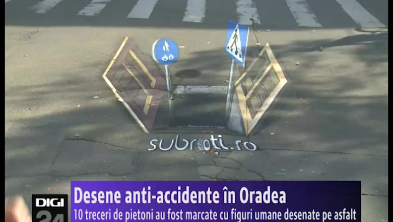 Desene anti-accidente in Oradea. 10 treceri de pietoni au fost marcate cu figuri umane desenate pe asfalt Imagine