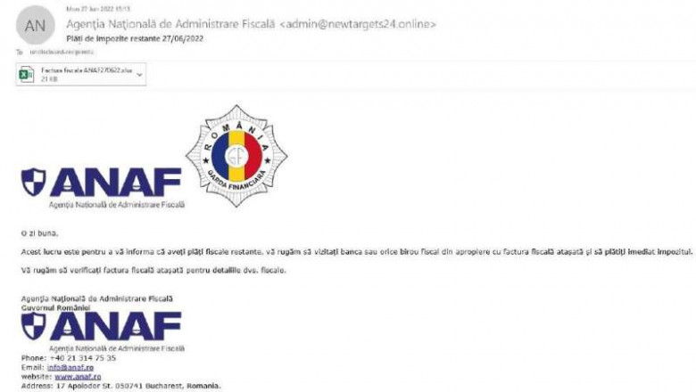 E-mailuri virusate trimise in numele ANAF. Zeci de romani au fost anuntati ca ar avea datorii la Fisc Imagine
