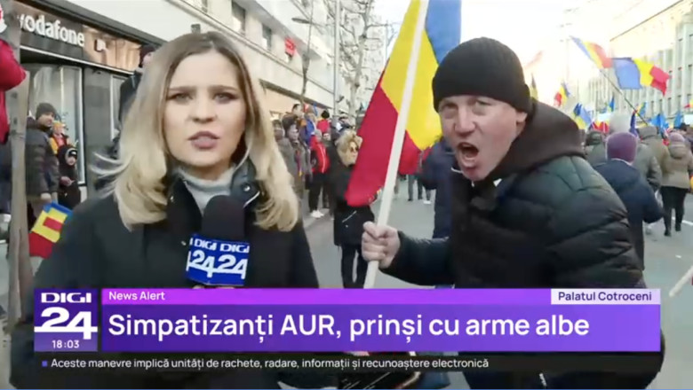 Echipa Digi24 a fost agresata la protestul AUR din Bucuresti, a doua oara dupa mitingul lui Calin Georgescu. Reactia lui Simion Imagine