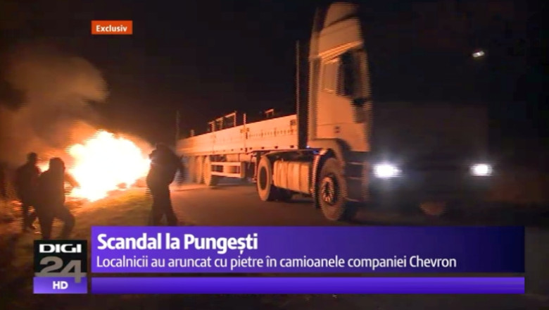 EXCLUSIV. Scandalul reizbucneste la Pungesti: Camioanele Chevron au fost atacate cu pietre Imagine