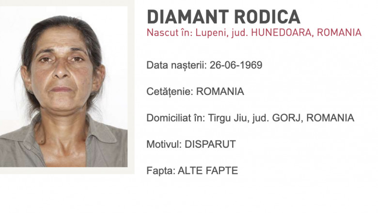 Femeie de 55 de ani, data disparuta dupa ce a plecat miercuri din Spitalul Judetean Targu-Jiu. Politia cere ajutor pentru a o gasi Imagine