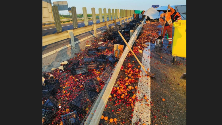 FOTO Circulatie restrictionata pe autostrada A1, dupa ce o duba s-a rasturnat, iar soseaua a fost acoperita de fructe Imagine
