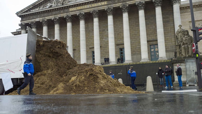FOTO. Un francez nemultumit de clasa politica a descarcat un camion cu balegar in fata Adunarii Nationale Imagine