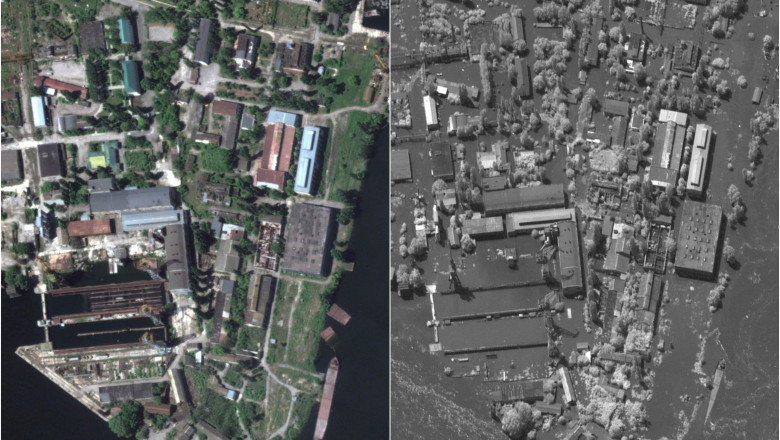 Imagini din satelit inainte si dupa aruncarea in aer a barajului Nova Kahovka Imagine