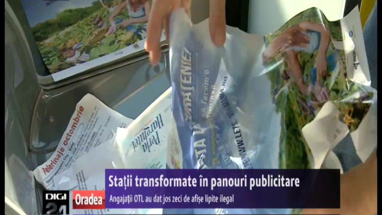 In Oradea, mai multe statii de tramvai si de autobuz au fost transformate ilegal in panouri publicitare Imagine