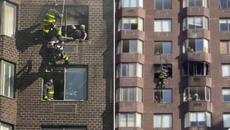 Interventie spectaculoasa la un incendiu, in Manhattan. Doua persoane au ramas atarnate de fereastra, la etajul 20 Imagine