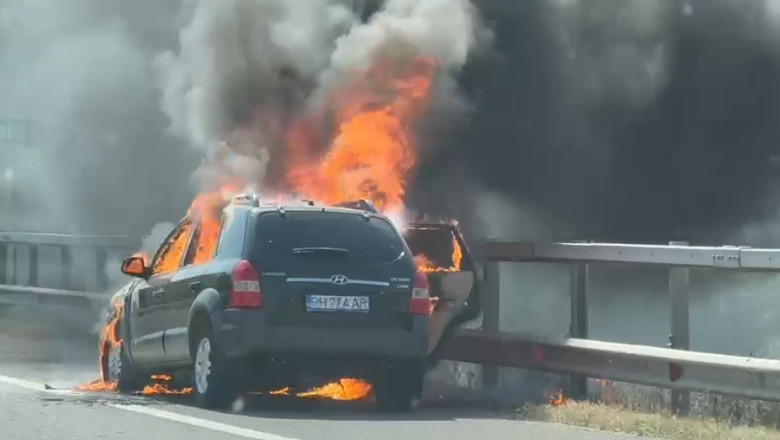 Masina in flacari pe autostrada Bucuresti-Ploiesti. Circulatia a fost blocata Imagine