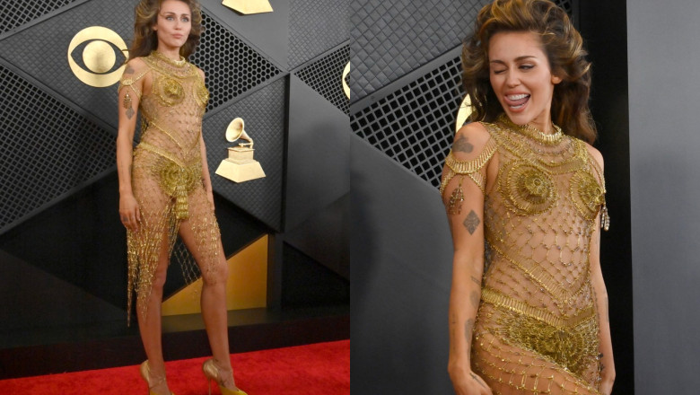 Miley Cyrus a venit la Grammy 2024 intr-o rochie facuta doar din ace de siguranta din aur Imagine