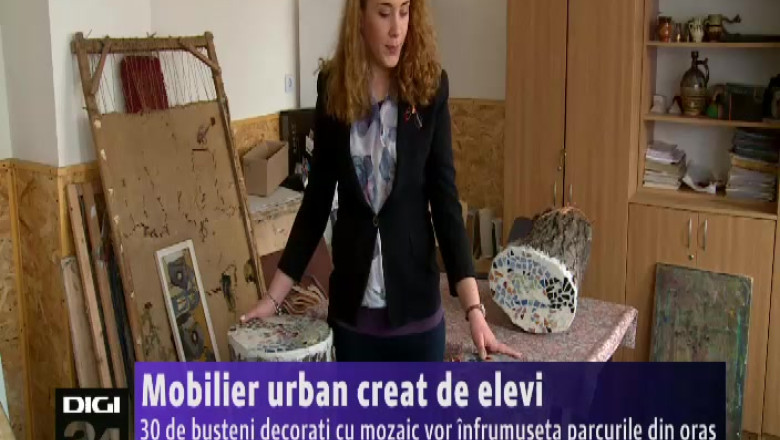 Mobilier urban creat de elevi. 40 de busteni decorati cu mozaic vor infrumuseta parcurile din oras Imagine