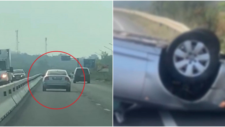Momentul in care un tanar fara permis, care era urmarit de politie, s-a rasturnat cu masina pe sosea Imagine