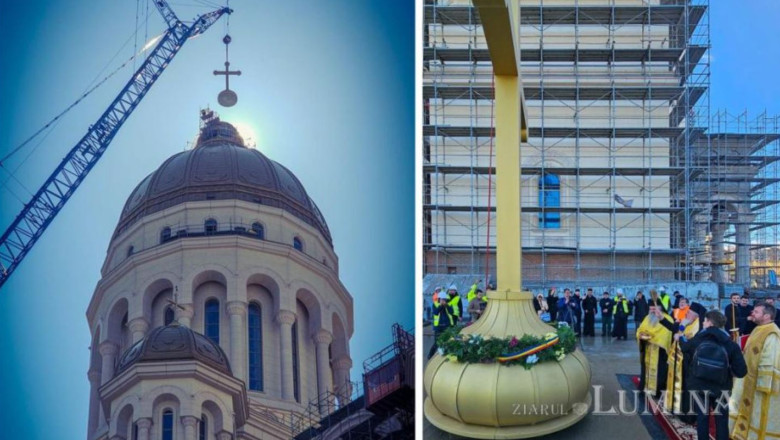 O cruce de 7 tone a fost montata pe turla mare a Catedralei Mantuirii Neamului Imagine