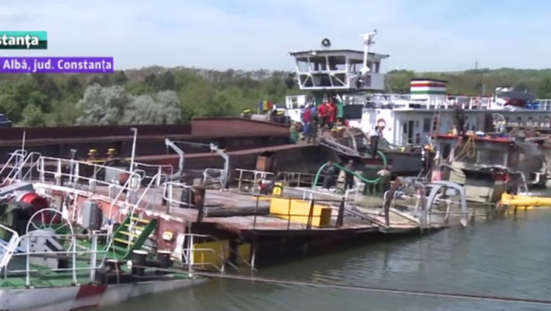 Operatiune pe canalul Dunare Marea-Neagra. Specialisti din Europa incearca sa aduca la suprafata nava scufundata in aprilie  Imagine