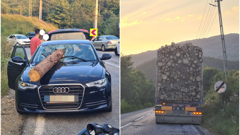 Parbriz strapuns de un bustean cazut dintr-un camion, pe DN10, in Brasov. Ce a patit soferul TIR-ului care transporta lemnele Imagine