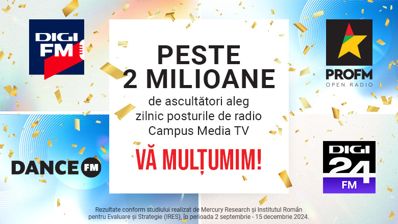 Peste 2 milioane de ascultatori aleg zilnic frecventele Digi FM, PRO FM, Dance FM si Digi24 FM Imagine