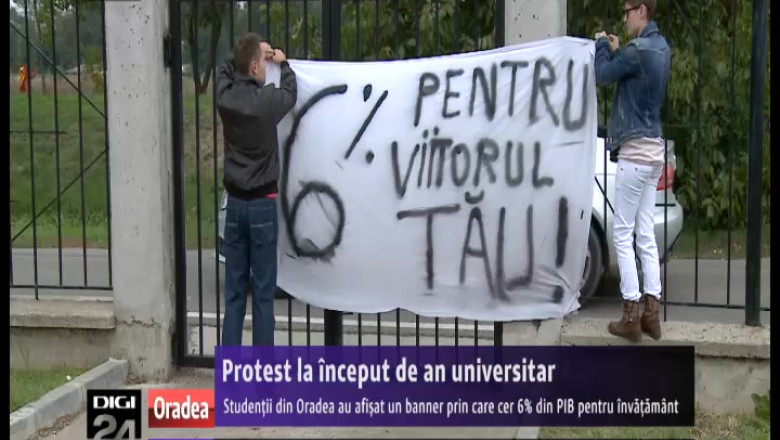 Protest la inceput de an universitar. Studentii din Oradea au afisat un banner prin care cer 6% din PIB pentru invatamant Imagine