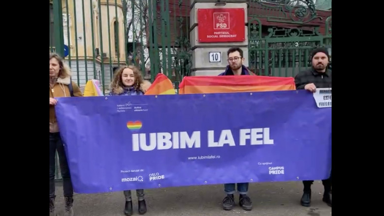 Protest LGBT la sediul PSD: „Ii transmitem domnului Ciolacu ca Romania este pregatita” pentru legalizarea parteneriatului civil Imagine
