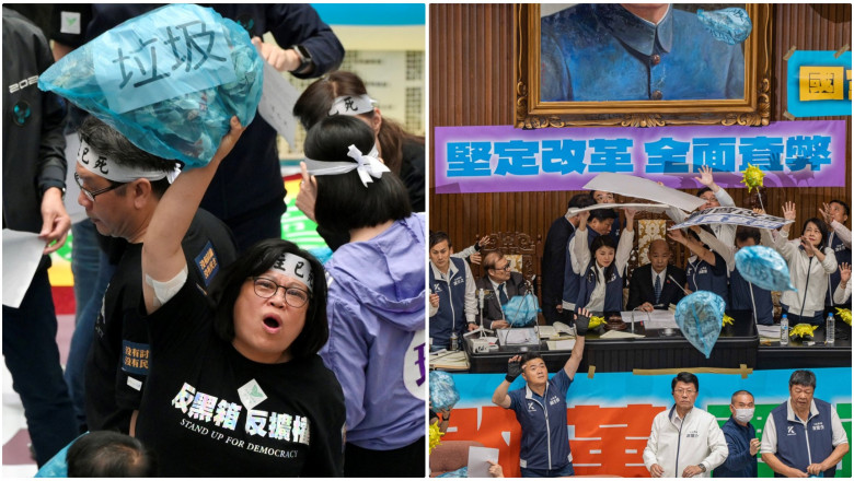 Protest urias in Taiwan in timpul votului pe reforma pro-China. In Parlament, deputatii aruncau cu saci de gunoi si devastau sala Imagine