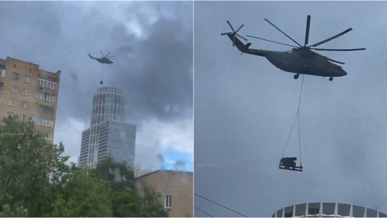 Sisteme antiaeriene pe zgaraie-norii din Moscova. De frica dronelor ucrainene, rusii au dus cu elicopterul echipamentul la etajul 42