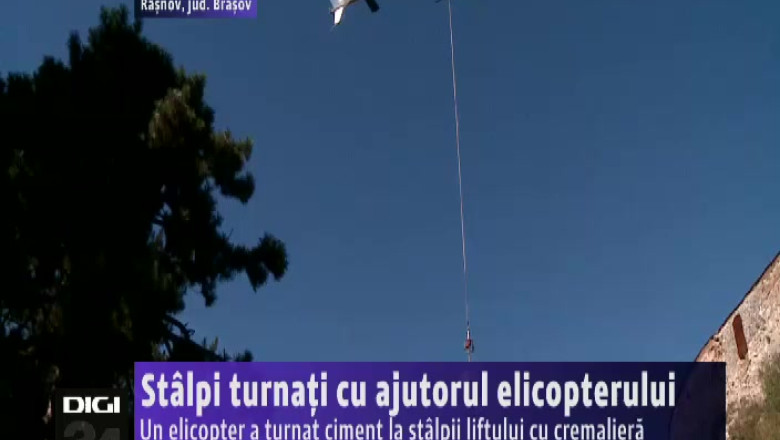 Stalpi turnati cu ajutorul elicopterului. Un elicopter a turnat ciment la stalpii liftului cu cremaliera Imagine