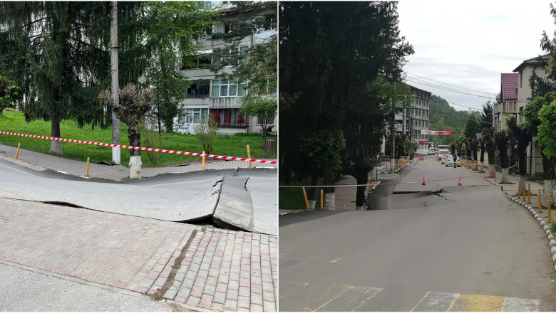 Strada surpata in Slanic Prahova. Perimetrul de siguranta a fost extins si s-au alocat spatii pentru cazarea persoanelor evacuate Imagine
