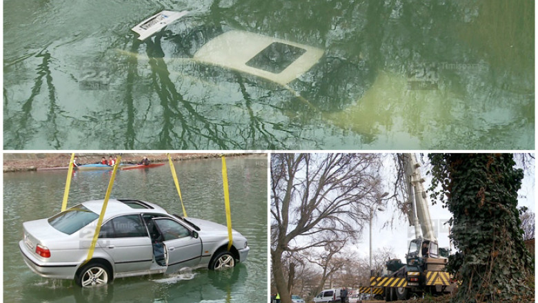 Timisoara: un BMW, prefacut  in submarin - a plonjat in Bega. Autoturismul a fost scos, pana la urma, din apa! Imagine