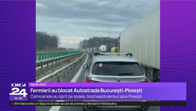 Transportatorii si fermierii au blocat Autostrada Bucuresti-Ploiesti. Au oprit vehiculele si au plecat pe jos. Coada de masini de 6 km Imagine