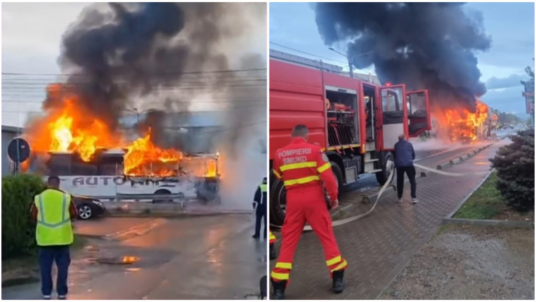 Un autocar cu 30 de elevi a luat foc, in mers, pe un drum din Caras Severin Imagine