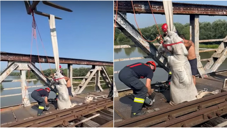 Un cal a ramas blocat pe un pod vechi din Ocna Mures, dupa ce o tabla de fier a cedat sub greutatea lui Imagine