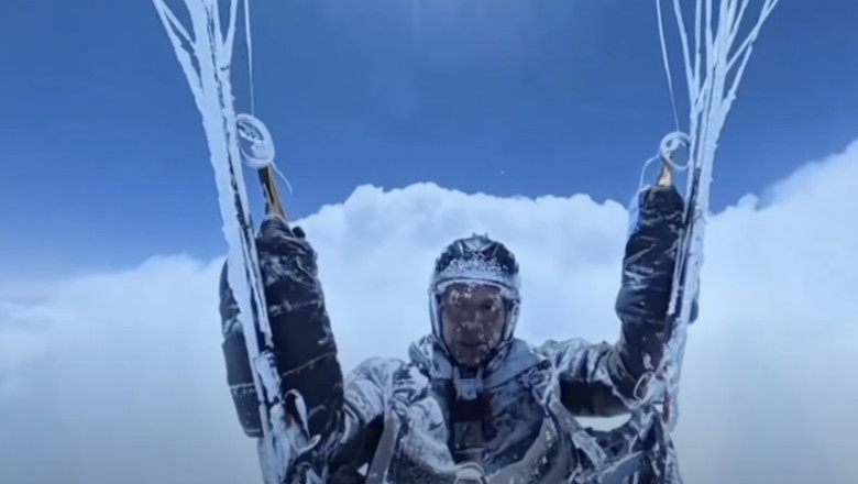 Un parapantist chinez a supravietuit unui zbor accidental la 8.000 m altitudine. Imagini cu barbatul acoperit de cristale de gheata Imagine
