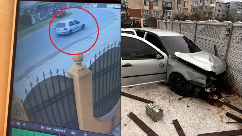 Un politist din Turnu Magurele a urcat beat la volan si s-a oprit cu masina intr-un gard. Accidentul, surprins de o camera video Imagine