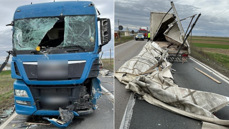 Un sofer a fost ranit dupa ce remorca unui alt camion a fost luata pe sus de vant si i-a izbit in plin parbrizul Imagine