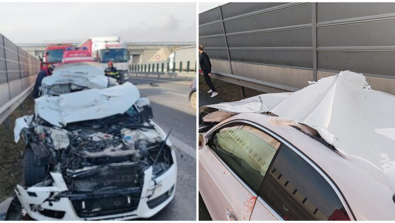 Un sofer a scapat ca prin minune, dupa ce s-a izbit de un camion pe autostrada. Barbatul a iesit singur din masina Imagine