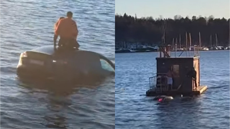 VIDEO Niste romani au filmat momentul in care o Tesla a plonjat intr-un fiord din Oslo. Pasagerii au fost salvati de o sauna plutitoare Imagine