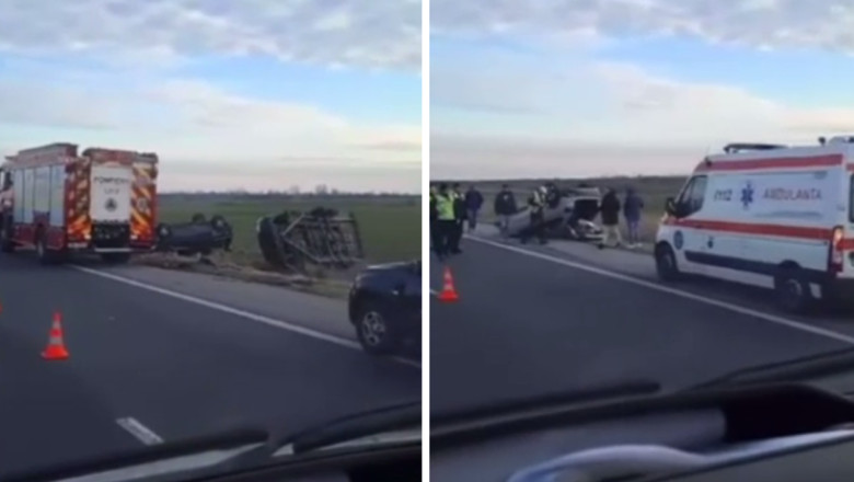 VIDEO. Sapte masini implicate intr-un accident pe A1. Trei vehicule s-au rasturnat, iar trei persoane au fost transportate la spital Imagine