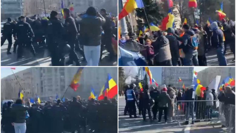 Violente la protestul lui Calin Georgescu din Capitala, jandarmii au folosit gaze lacrimogene. Echipa Digi24, agresata de manifestanti Imagine
